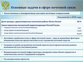 Основные задачи в сфере почтовой связи
 Качественная и своевременная доставка почтовых отправлений.
 Достойная заработная плата в сфере почтовой связи – один из важнейших факторов
повышения качества предоставления услуг и развития почтовой отрасли.
 Модернизация почтовой инфраструктуры, внедрение новых бизнес-процессов и
логистических систем. Сокращение издержек.
Доля граждан, удовлетворенных качеством работы Почты России 60 %
Сроки пересылки письменной корреспонденции Почтой России
 в пределах населенного пункта Российской Федерации 2 дня
 между городами Российской Федерации 5 дней
 между любыми населенными пунктами Российской Федерации 10 дней
 Создание условий для развития почтовой отрасли путем предоставления равных
возможностей для участников рынка.
Показатели к 2018 году:
 Реализация новых проектов.
 