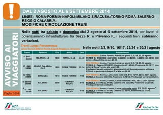 Foglio 1 di 4
LINEE: ROMA-FORMIA-NAPOLI;MILANO-SIRACUSA;TORINO-ROMA-SALERNO-
REGGIO CALABRIA;
MODIFICHE CIRCOLAZIONE TRENI
DAL 2 AGOSTO AL 6 SETTEMBRE 2014
Nelle notti tra sabato e domenica dal 2 agosto al 6 settembre 2014, per lavori di
potenziamento infrastrutturale tra Sezze R. e Priverno F., i seguenti treni subiranno
variazioni.
Treni Lunga Percorrenza
Linea Torino-Milano-Roma-Napoli-Reggio C.-Siracusa
Treno Partenza Ora Arrivo Ora Provvedimenti
IC 597/
35595
MILANO C. LE 14.50 NAPOLI C.LE 23.30
NON FERMA A Latina, Formia, Aversa nei giorni: 2, 9, 16, 23, 30 agosto.
FERMA A: Frosinone (22.10/12), Cassino (22.42/44), Caserta (23.28/30) con
arrivo a Napoli C.le alle ore 23.55.
IC 1560/
35560
REGGIO CALABRIA
C.LE
15.05 ROMA TERMINI 22.34
NON FERMA A Aversa, Formia, Latina nei giorni: 2, 9, 16, 23, 30 agosto.
FERMA A : Caserta (21.00/02), Cassino (ore 21.43/45), Frosinone (22.15/17) con
arrivo a Roma Termini alle ore 23.05.
Predisposti servizi sostitutivi. Viaggiatori diretti Aversa possono utilizzare
R 12448 in partenza da Napoli C.le alle ore 20.55.
IC 1956/
35956
SIRACUSA 19.10 ROMA TERMINI 7.13
NON FERMA A Formia, Latina nelle notti: 2/3, 9/10, 16/17, 23/24, 30/31 agosto.
FERMA A: Cassino (5.34/36), Frosinone (6.10/12). Predisposti servizi sostitutivi.
IC 35894/
35896
SALERNO 20.50
TORINO P.
NUOVA
8.10
NON FERMA A Aversa, Formia, Latina nelle notti: 9/10, 16/17, 23/24 agosto
FERMA A: Caserta (22.07/09), Cassino (ore 22.52/54), Frosinone (23.27/29).
Predisposti servizi sostitutivi.
*IC 796/
35798
SALERNO 20.50
TORINO P.
NUOVA
8.10
NON FERMA A Aversa, Formia, Latina solo nelle notti: 2/3, 30/31 agosto *.
FERMA A: Caserta (22.07/09), Cassino (22.52/54), Frosinone (23.27/29).
Predisposti servizi sostitutivi.
Nelle notti 2/3, 9/10, 16/17, 23/24 e 30/31 agosto
 