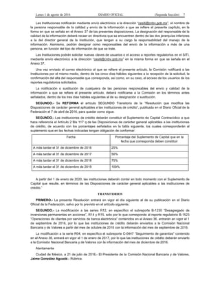 Lunes 1 de agosto de 2016 DIARIO OFICIAL (Segunda Sección) 7
Las Instituciones notificarán mediante envío electrónico a la dirección “cesiti@cnbv.gob.mx”, el nombre de
la persona responsable de la calidad y envío de la información a que se refiere el presente capítulo, en la
forma en que se señala en el Anexo 37 de las presentes disposiciones. La designación del responsable de la
calidad de la información deberá recaer en directivos que se encuentren dentro de las dos jerarquías inferiores
a la del director general de la Institución, que tengan a su cargo la responsabilidad del manejo de la
información. Asimismo, podrán designar como responsables del envío de la información a más de una
persona, en función del tipo de información de que se trate.
Las Instituciones podrán solicitar nuevas claves de usuarios o el acceso a reportes regulatorios en el SITI,
mediante envío electrónico a la dirección “cesiti@cnbv.gob.mx” en la misma forma en que se señala en el
Anexo 37.
Una vez enviado el correo electrónico al que se refiere el presente artículo, la Comisión notificará a las
Instituciones por el mismo medio, dentro de los cinco días hábiles siguientes a la recepción de la solicitud, la
confirmación del alta del responsable que corresponda, así como, en su caso, el acceso de los usuarios de los
reportes regulatorios solicitados.
La notificación o sustitución de cualquiera de las personas responsables del envío y calidad de la
información a que se refiere el presente artículo, deberá notificarse a la Comisión en los términos antes
señalados, dentro de los tres días hábiles siguientes al de su designación o sustitución.
SEGUNDO.- Se REFORMA el artículo SEGUNDO Transitorio de la “Resolución que modifica las
Disposiciones de carácter general aplicables a las instituciones de crédito”, publicada en el Diario Oficial de la
Federación el 7 de abril de 2016, para quedar como sigue:
SEGUNDO.- Las instituciones de crédito deberán constituir el Suplemento de Capital Contracíclico a que
hace referencia el Artículo 2 Bis 117 q de las Disposiciones de carácter general aplicables a las instituciones
de crédito, de acuerdo con los porcentajes señalados en la tabla siguiente, los cuales corresponderán al
suplemento que en las fechas indicadas tengan obligación de conformar:
Fecha Porcentaje del Suplemento de Capital que en la
fecha que corresponda deben constituir
A más tardar el 31 de diciembre de 2016 25%
A más tardar el 31 de diciembre de 2017 50%
A más tardar el 31 de diciembre de 2018 75%
A más tardar el 31 de diciembre de 2019 100%
A partir del 1 de enero de 2020, las instituciones deberán contar en todo momento con el Suplemento de
Capital que resulte, en términos de las Disposiciones de carácter general aplicables a las instituciones de
crédito.”
TRANSITORIOS
PRIMERO.- La presente Resolución entrará en vigor el día siguiente al de su publicación en el Diario
Oficial de la Federación, salvo por lo previsto en el artículo siguiente.
SEGUNDO.- La modificación a las series R12, en específico el subreporte B-1230 “Desagregado de
inversiones permanentes en acciones”, R14 y R15, solo por lo que corresponde al reporte regulatorio B-1523
“Operaciones de clientes por servicios de banca electrónica” contenidos en el Anexo 36, entrarán en vigor el 1
de septiembre de 2016, por lo que las instituciones de crédito deberán enviarlos a la Comisión Nacional
Bancaria y de Valores a partir del mes de octubre de 2016 con la información del mes de septiembre de 2016.
La modificación a la serie R04, en específico el subreporte C-0447 “Seguimiento de garantías” contenido
en el Anexo 36, entrará en vigor el 1 de enero de 2017, por lo que las instituciones de crédito deberán enviarlo
a la Comisión Nacional Bancaria y de Valores con la información del mes de diciembre de 2016.
Atentamente
Ciudad de México, a 21 de julio de 2016.- El Presidente de la Comisión Nacional Bancaria y de Valores,
Jaime González Aguadé.- Rúbrica.
 