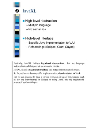 17
JavaXL
n High-level abstraction
– Multiple language
– No semantics
n High-level interface
– Specific Java implementation to VAJ
– Refactorings (Eclipse, Grant Gayed)
•
Basically, JavaXL defines high-level abstractions, that are language
independent and that provide no semantic checks.
JavaXL is also a high-level interface that hides implementation details.
So far, we have a Java-specific implementation, closely related to VAJ.
But we can imagine to have a version working on top of refactorings, such
as the one implemented in Eclipse or using XML and the mechanisms
proposed by Grant Gayed.
 