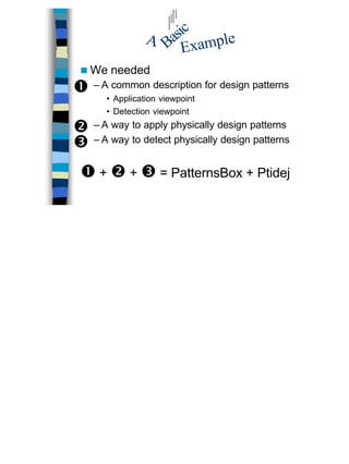 27
n We needed
– A common description for design patterns
• Application viewpoint
• Detection viewpoint
– A way to apply physically design patterns
– A way to detect physically design patterns
Œ + • + Ž = PatternsBox + Ptidej
Basic
A
Example
Œ
•
Ž
 