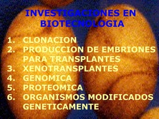 INVESTIGACIONES EN  BIOTECNOLOGIA 1.  CLONACION 2.  PRODUCCION DE EMBRIONES  PARA TRANSPLANTES 3.  XENOTRANSPLANTES 4.  GENOMICA 5. PROTEOMICA 6.  ORGANISMOS MODIFICADOS  GENETICAMENTE 