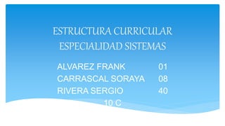 ESTRUCTURA CURRICULAR
ESPECIALIDAD SISTEMAS
ALVAREZ FRANK 01
CARRASCAL SORAYA 08
RIVERA SERGIO 40
10 C
 