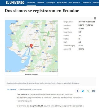 NOVIEMBRE Y DOS SISMOS OCURRIERON EN LA REGION COSTA DE ECUADOR 