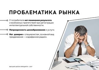 ПРОБЛЕМАТИКА РЫНКА
У потребителя нет понимания результата
и возможных препятствий при регистрации
интеллектуальной собственности.
Непрозрачность ценообразования и услуги.
Нет доверия к специалистам, основной вид
продвижения – «сарафанное радио».
12ВЫСШАЯ ШКОЛА БРЕНДИНГА / 2017
 