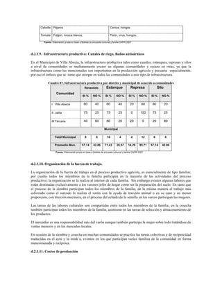 Cebolla Pájaros                                                    Ceniza, hongos

      Tomate Pulgón, mosca blanca.                                       Tizón, virus, hongos.

         Fuente: Elaboración propia en base a Boletas de encuesta comunal y familia CAPRI 2007




d.2.1.9. Infraestructura productiva: Canales de riego, Baños antisárnicos

En el Municipio de Villa Abecia, la infraestructura productiva tales como canales, estanques, represas y silos
a nivel de comunidades es medianamente escaso en algunas comunidades y escaso en otras, ya que la
infraestructura como las mencionadas son importantes en la producción agrícola y pecuaria especialmente,
por eso el énfasis que se tiene que otorgar en todas las comunidades a este tipo de infraestructura.

            Cuadro 87. Infraestructura productiva por distrito y municipal de acuerdo a comunidades
                                                Revestido            Estanque                Represa               Silo
                    Comunidad
                                              SI %      NO %        SI %       NO %        SI %      NO %    SI %    NO %

                I Villa Abecia                 60         40          60         40         20         80     80          20

                II Jailía                      75         25          75         25          0        100     75          25

                III Tárcana                    40         60          80         20         20          0     20          80

                                                                   Municipal

                   Total Municipal              8          6          10          4          2         12     8           6

                   Promedio Mun.             57,14       42,86      71,43      28,57       14,29     85,71   57,14    42,86

                    Fuente: Elaboración propia en base a Boletas de encuesta comunal y familia CAPRI 2007




d.2.1.10. Organización de la fuerza de trabajo.

La organización de la fuerza de trabajo en el proceso productivo agrícola, es esencialmente de tipo familiar,
por cuanto todos los miembros de la familia participan en la mayoría de las actividades del proceso
productivo; la organización se la realiza al interior de cada familia. Sin embargo existen algunas labores que
están destinadas exclusivamente a los varones jefes de hogar como ser la preparación del suelo. En tanto que
el proceso de la siembra participan todos los miembros de la familia, de la misma manera el trabajo más
esforzado como el surcado lo realiza el varón con la ayuda de tracción animal o en su caso y en menor
proporción, con tracción mecánica, en el proceso del echado de la semilla en los surcos participan las mujeres.

Las tareas de las labores culturales son compartidas entre todos los miembros de la familia, en la cosecha
también participan todos los miembros de la familia, asimismo en las tareas de selección y almacenamiento de
los productos.

El mercadeo es una responsabilidad más del varón aunque también participa la mujer sobre todo tratándose de
ventas menores y en los mercados locales.

En ocasión de la siembra y cosecha en muchas comunidades se practica las tareas colectivas y de reciprocidad
traducidas en el ayni y la mink´a, eventos en los que participan varias familias de la comunidad en forma
mancomunada y recíproca.

d.2.1.11. Costos de producción
 