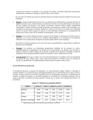 cosechas los animales, son dejados en las parcelas de rastrojo, recibiendo diariamente alimentación
     suplementaria consistente en las pajas y chala de maíz y otros cereales.

    Por otro lado, las familias que tienen un reducido número de animales practican también el sistema semi
    estabulado.

    Bovinos: Aunque numéricamente los bovinos son reducidos por unidad familiar, gran parte del año son
     dejados cerca de la casa, o huerta familiar; en periodos de siembra y cosecha sobre todo, en otras épocas
     del año también son llevados a los lugares de pastoreo comunal, reciben también alimentación
     suplementaria. Durante la época de estiaje son guiados a las parcelas de cebada y trigo cosechadas, con
     el propósito de aprovechar el rastrojo. También es común en los bovinos el sistema semi estabulado
     incluso con mayor énfasis porque los bueyes y/o toros participan enteramente en la preparación del
     terreno con la rotura y para ello los animales son alimentados en los corrales.

    Equinos: Es de enorme importancia para la mayoría de las familias la tenencia de los burros; pues es
     importante es el rol de los burros al ser animales imprescindibles en el transporte de los productos
     obtenidos en la cosecha incluso en algunos casos para realizar labores como el aporque.

    Ahora bien el sistema de pastoreo en el caso de los burros es generalmente a campo abierto o también el
    sistema de semi estabulado.

    Porcinos: Los porcinos son alimentados generalmente alrededor de las parcelas de cultivo,
     complementándose su alimentación con residuos de la cocina familiar y en algunos casos con maíz y
     afrecho o harina de cebada; después de la cosecha se quedan en las parcelas cosechadas a objeto de
     alimentarse con los productos pudieron quedar en el terreno, es decir, residuos de la cosecha.

    Aves de corral: En lo que se refiere a aves de corral especialmente a las gallinas, ellas son alimentadas
     con granos de maíz, cebada, trigo y otros, todos estos productos en muchos casos son cosechas de
     tercera, y la alimentación es complementada por ellos mismos con pastos verdes y otros.


d.2.2.6. Destino de la producción.


La producción pecuaria en general está destinada a la comercialización aunque también es destinado al
consumo familiar, ya se mencionó que los principales productos que se comercializan son la carne, el huevo,
la leche, el queso, la lana; por otro lado, el ganado bovino en un porcentaje mayoritario es utilizado para la
tracción, en cambio los equinos son animales empleados en el traslado de los productos agrícolas. En Los
cuadros siguientes se presenta de manera general el destino que se realiza con el ganado por distrito y en
porcentajes.

                                    Cuadro 111. Destino de la ganadería distrito I

                     Destino                 Vacuno %           Ovino %         Caprino %        Aves %    Porcinos %

             Consumo                            16,67             15,58            7,84            27,08     13,04

             Venta                              33,33             11,69            7,84            17,71     47,83

             Trueque                            33,33              0,00            0,39            0,00      0,00

             Ganado no destinado                16,67             72,73            83,92           55,21     39,13

                 Fuente: Elaboración propia en base a Boletas de encuesta comunal y familia CAPRI 2007
 