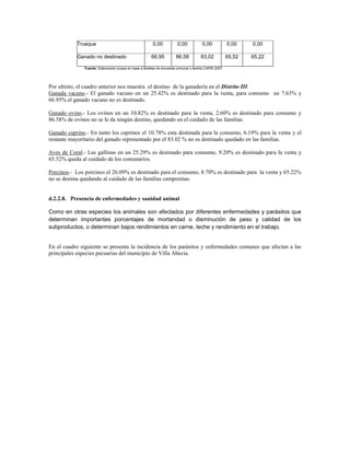 Trueque                                       0,00           0,00           0,00            0,00    0,00

           Ganado no destinado                          66,95          86,58          83,02            65,52   65,22

               Fuente: Elaboración propia en base a Boletas de encuesta comunal y familia CAPRI 2007




Por ultimo, el cuadro anterior nos muestra el destino de la ganadería en el Distrito III.
Ganada vacuno.- El ganado vacuno en un 25.42% es destinado para la venta, para consumo un 7.63% y
66.95% el ganado vacuno no es destinado.

Ganado ovino.- Los ovinos en un 10.82% es destinado para la venta, 2.60% es destinado para consumo y
86.58% de ovinos no se le da ningún destino, quedando en el cuidado de las familias.

Ganado caprino.- En tanto los caprinos el 10.78% esta destinada para la consumo, 6.19% para la venta y el
restante mayoritario del ganado representado por el 83.02 % no es destinado quedado en las familias.

Aves de Coral.- Las gallinas en un 25.29% es destinado para consumo, 9.20% es destinado para la venta y
65.52% queda al cuidado de los comunarios.

Porcinos.- Los porcinos el 26.09% es destinado para el consumo, 8.70% es destinado para la venta y 65.22%
no se destina quedando al cuidado de las familias campesinas.


d.2.2.8. Presencia de enfermedades y sanidad animal

Como en otras especies los animales son afectados por diferentes enfermedades y parásitos que
determinan importantes porcentajes de mortandad o disminución de peso y calidad de los
subproductos, o determinan bajos rendimientos en carne, leche y rendimiento en el trabajo.


En el cuadro siguiente se presenta la incidencia de los parásitos y enfermedades comunes que afectan a las
principales especies pecuarias del municipio de Villa Abecia.
 