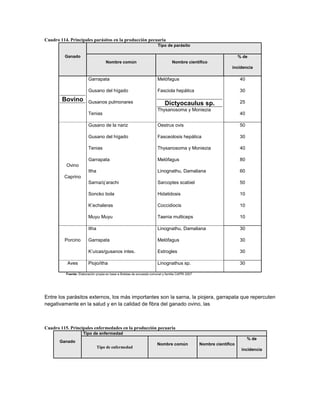 Cuadro 114. Principales parásitos en la producción pecuaria
                                                                       Tipo de parásito

         Ganado                                                                                                       % de
                                    Nombre común                                 Nombre científico
                                                                                                                 incidencia

                        Garrapata                                      Melófagus                                      40

                        Gusano del hígado                              Fasciola hepática                              30
        Bovino          Gusanos pulmonares                                                                            25
                                                                            Dictyocaulus sp.
                                                                       Thysanosoma y Moniezia
                        Tenias                                                                                        40

                        Gusano de la nariz                             Oestrus ovis                                   50

                        Gusano del hígado                              Fasceolosis hepática                           30

                        Tenias                                         Thysanosoma y Moniezia                         40

                        Garrapata                                      Melófagus                                      80
          Ovino
                        Itha                                           Linognathu, Damaliana                          60
         Caprino
                        Sarna/q’arachi                                 Sarcoptes scabiel                              50

                        Soncko bola                                    Hidatidosis                                    10

                        K’echaleras                                    Coccidiocis                                    10

                        Muyu Muyu                                      Taenia multiceps                               10

                        Itha                                           Linognathu, Damaliana                          30

         Porcino        Garrapata                                      Melófagus                                      30

                        K’uicas/gusanos intes.                         Estrogles                                      30

           Aves         Piojo/itha                                     Linognathus sp.                                30

          Fuente: Elaboración propia en base a Boletas de encuesta comunal y familia CAPRI 2007




Entre los parásitos externos, los más importantes son la sarna, la piojera, garrapata que repercuten
negativamente en la salud y en la calidad de fibra del ganado ovino, las



Cuadro 115. Principales enfermedades en la producción pecuaria
                     Tipo de enfermedad
                                                                                                                           % de
       Ganado
                                                                       Nombre común               Nombre científico
                               Tipo de enfermedad
                                                                                                                       incidencia
 