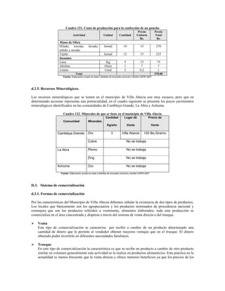 Cuadro 121. Costo de producción para la confección de un poncho
                                                                                             Precio           Precio
                               Actividad                    Unidad          Cantidad        Unitario          Total
                                                                                              Bs.              Bs.
                   Mano de Obra
                   Hilado, torcido,           lavado,        Jornal             19              15             270
                   teñido y secado
                   Tejido                                    Jornal             12              15             225
                   Insumos
                   Lana                                       Kg                5              15              75
                   Añelina                                   Onza               1               7              7
                   Limón                                     Unid               5              0.2             1
                                 Total                                                                        578.00
                      Fuente: Elaboración propia en base a Boletas de encuesta comunal y familia CAPRI 2007




d.2.5. Recursos Mineralógicos.

Los recursos mineralógicos que se tienen en el municipio de Villa Abecia son muy escasos, pero que en
determinado accionar representa una potencialidad, en el cuadro siguiente se presenta los pocos yacimientos
mineralógicos identificados en las comunidades de Camblaya Grande, La Abra y Achuma.

                      Cuadro 122. Minerales de que se tiene en el municipio de Villa Abecia
                                                              Cantidad           Lugar de               Precio de
                      Comunidad               Minerales
                                                                Kg/año              Venta                   Venta

                 Camblaya Grande             Oro                    3         Villa Abecia           120 Bs./Gramo

                                             Cobre                                  No se trabaja

                 La Abra                     Plomo                                  No se trabaja

                                             Zing                                   No se trabaja

                 Achuma                      Oro                                    No se trabaja

                    Fuente: Elaboración propia en base a Boletas de encuesta comunal y familia CAPRI 2007




D.3. Sistema de comercialización

d.3.1. Formas de comercialización

Por las características del Municipio de Villa Abecia debemos señalar la existencia de dos tipos de productos;
Los locales que básicamente son los agropecuarios y los productos terminados de procedencia nacional y
extranjera que son los productos referidos a vestimenta, alimentos elaborados: toda esta producción se
comercializa en el área concentrada y dispersa a través del sistema de venta directa o del trueque.

   Venta
    Este tipo de comercialización se caracteriza por recibir a cambio de un producto determinado una
    cantidad de dinero que le permite al vendedor obtener mayores ventajas que en el trueque. El dinero
    obtenido podrá invertirlo en diferentes necesidades familiares.

   Trueque
    En este tipo de comercialización la característica es que se recibe un producto a cambio de otro producto
    similar en volumen generalmente esta actividad se la realiza en productos alimenticios. Esta práctica en la
    actualidad es menos frecuente que la venta directa y ofrece menores beneficios ya que los precios de los
 