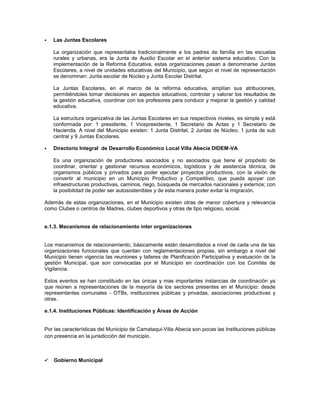    Las Juntas Escolares

    La organización que representaba tradicionalmente a los padres de familia en las escuelas
    rurales y urbanas, era la Junta de Auxilio Escolar en el anterior sistema educativo. Con la
    implementación de la Reforma Educativa, estas organizaciones pasan a denominarse Juntas
    Escolares, a nivel de unidades educativas del Municipio, que según el nivel de representación
    se denominan: Junta escolar de Núcleo y Junta Escolar Distrital.

    La Juntas Escolares, en el marco de la reforma educativa, amplían sus atribuciones,
    permitiéndoles tomar decisiones en aspectos educativos, controlar y valorar los resultados de
    la gestión educativa, coordinar con los profesores para conducir y mejorar la gestión y calidad
    educativa.

    La estructura organizativa de las Juntas Escolares en sus respectivos niveles, es simple y está
    conformada por: 1 presidente, 1 Vicepresidente, 1 Secretario de Actas y 1 Secretario de
    Hacienda. A nivel del Municipio existen: 1 Junta Distrital, 2 Juntas de Núcleo, 1 junta de sub
    central y 9 Juntas Escolares.

   Directorio Integral de Desarrollo Económico Local Villa Abecia DIDEM-VA

    Es una organización de productores asociados y no asociados que tiene el propósito de
    coordinar, orientar y gestionar recursos económicos, logísticos y de asistencia técnica, de
    organismos públicos y privados para poder ejecutar proyectos productivos, con la visión de
    convertir al municipio en un Municipio Productivo y Competitivo, que pueda apoyar con
    infraestructuras productivas, caminos, riego, búsqueda de mercados nacionales y externos; con
    la posibilidad de poder ser autosostenibles y de esta manera poder evitar la migración.

Además de estas organizaciones, en el Municipio existen otras de menor cobertura y relevancia
como Clubes o centros de Madres, clubes deportivos y otras de tipo religioso, social.


e.1.3. Mecanismos de relacionamiento inter organizaciones


Los mecanismos de relacionamiento, básicamente están desarrollados a nivel de cada una de las
organizaciones funcionales que cuentan con reglamentaciones propias, sin embargo a nivel del
Municipio tienen vigencia las reuniones y talleres de Planificación Participativa y evaluación de la
gestión Municipal, que son convocadas por el Municipio en coordinación con los Comités de
Vigilancia.

Estos eventos se han constituido en las únicas y mas importantes instancias de coordinación ya
que reúnen a representaciones de la mayoría de los sectores presentes en el Municipio: desde
representantes comunales - OTBs, instituciones públicas y privadas, asociaciones productivas y
otras.

e.1.4. Instituciones Públicas: Identificación y Áreas de Acción


Por las características del Municipio de Camataqui-Villa Abecia son pocas las Instituciones públicas
con presencia en la jurisdicción del municipio.



   Gobierno Municipal
 
