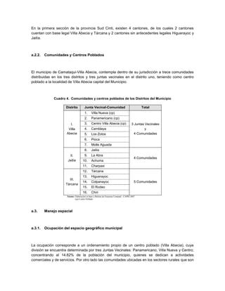 En la primera sección de la provincia Sud Cinti, existen 4 cantones, de los cuales 2 cantones
cuentan con base legal Villa Abecia y Tárcana y 2 cantones sin antecedentes legales Higuerayoc y
Jailía.



a.2.2.   Comunidades y Centros Poblados



El municipio de Camataqui-Villa Abecia, contempla dentro de su jurisdicción a trece comunidades
distribuidas en los tres distritos y tres juntas vecinales en el distrito uno, teniendo como centro
poblado a la localidad de Villa Abecia capital del Municipio.



              Cuadro 4. Comunidades y centros poblados de los Distritos del Municipio

                     Distrito          Junta Vecinal-Comunidad                                 Total
                                       1.     Villa Nueva (cp)
                                       2.     Panamericano (cp)
                       I.              3.     Centro Villa Abecia (cp)                  3 Juntas Vecinales
                      Villa            4.     Camblaya                                           y
                     Abecia            5.     Los Zotos                                   4 Comunidades
                                       6.     Pioca
                                       7.     Molle Aguada
                                       8.     Jailía
                       II.             9.     La Abra
                                                                                           4 Comunidades
                      Jailía          10.     Achuma
                                      11.     Charpaxi
                                      12.     Tárcana
                                      13.     Higuerayoc
                       III.
                                      14.     Colpanayoc                                   5 Comunidades
                     Tárcana
                                      15.     El Rodeo
                                      16.     Chiri
                      Fuente: Elaboración en base a Boletas de Encuesta Comunal - CAPRI 2007
                              (cp) Centro Poblado




a.3.     Manejo espacial



a.3.1.   Ocupación del espacio geográfico municipal



La ocupación corresponde a un ordenamiento propio de un centro poblado (Villa Abecia), cuya
división se encuentra determinada por tres Juntas Vecinales: Panamericano, Villa Nueva y Centro;
concentrando al 14.82% de la población del municipio, quienes se dedican a actividades
comerciales y de servicios. Por otro lado las comunidades ubicadas en los sectores rurales que son
 