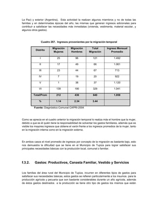 La Paz) y exterior (Argentina), Esta actividad la realizan algunos miembros y no de todas las
familias y en determinadas épocas del año, las mismas que generan ingresos adicionales para
contribuir a satisfacer las necesidades más inmediatas (vivienda, vestimenta, material escolar, y
algunos otros gastos).



                   Cuadro 267. Ingresos provenientes por la migración temporal

                           Migración      Migración         Total         Ingreso Mensual
            Distrito
                            Mujeres       Hombres         Migración          Promedio

               I               25             96              121               1.492

               II              17             49              66                1.061

               III             23             44              67                 713

              IV                7             19              20                 922

               V                1             38              37                1.120

              VI              139             190             329               1.041

          Total/Prom          212             436             640               1.058

               %              1.14           2.34             3.44

          Fuente: Diagnóstico Comunal CAPRI-2004



Como se aprecia en el cuadro anterior la migración temporal lo realiza más el hombre que la mujer,
debido a que es él quién tiene la responsabilidad de solventar los gastos familiares, además que es
visible los mayores ingresos que obtiene el varón frente a los ingresos promedios de la mujer, tanto
en la migración interna como en la migración externa.



En ambos casos el nivel promedio de ingresos por concepto de la migración es bastante bajo, esto
nos demuestra la dificultad que se tiene en el Municipio de Tupiza para lograr satisfacer sus
principales necesidades básicas con la producción local, comunal o familiar.




f.3.2.     Gastos: Productivos, Canasta Familiar, Vestido y Servicios


Los familias del área rural del Municipio de Tupiza, incurren en diferentes tipos de gastos para
satisfacer sus necesidades básicas, estos gastos se refieren particularmente a los insumos para la
producción agrícola y pecuaria que son bastante considerables durante un año agrícola, además
de éstos gastos destinados a la producción se tiene otro tipo de gastos los mismos que están
 