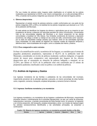 Por sus niveles de pobreza estos hogares están clasificados en el estrato de los pobres
     moderados que representan el 28,9% y así mismo corresponden, en un alto porcentaje (60% a
     70%), al estrato de los pobres indigentes que alcanzan el 53,3% del total de hogares pobres.

f)   Obreros desprovistos

     Representan al estrato social de pobreza extrema y están conformados por una parte de los
     pobres indigentes (30% a 40%) y la totalidad de los pobres marginales que alcanzan a un 7,3%
     de la población del Municipio.

     En este estrato se identifican los hogares de obreros o agricultores que en su mayoría no son
     propietarios de tierras o disponen de reducidas parcelas de cultivo (microfundio), concentrados
     más en las comunidades alejadas del Municipio y en menor proporción en las demás
     comunidades y localidad de Villa Abecia. Sus limitadas condiciones de tenencia y depresión
     económica, les obliga a vender su trabajo en las zonas de valle, comúnmente como “peones”,
     por la clase de actividades (trabajo pesado) que realizan, tanto en las actividades agrícolas
     como industriales. En este estrato se registran los mayores niveles de migración temporal y
     definitiva tanto hacia localidades de la región, como a ciudades del interior y exterior.

F.2.2. Peso comparativo entre estratos

En base a la estratificación social y económica de los hogares, se considera que el estrato de
pequeños productores propietarios, representan el 66,21% de la población total del
Municipio, considerados en niveles de pobreza moderada o pobreza indigente; el segundo
estrato de mayor peso comparativo está representado por hogares de los obreros
desprovistos que se encuentran en situación de pobreza indigente a marginal, en un
23,29%; por último el 10,5% de la población total está constituida por el estrato de
propietarios pudientes clasificados como no pobres o en umbral de pobreza.


F.3. Análisis de Ingresos y Gastos

Los ingresos monetarios de las familias o pobladores de las comunidades del municipio,
mayormente provienen de la actividad agrícola y pecuaria, en menor porcentaje de otras fuentes
como; migración, comercio, transporte, empleos temporales y comercio formal e informal.



f.3.1. Ingresos: familiares monetarios y no monetarios




Los ingresos monetarios y no monetarios de los hogares o pobladores del Municipio, mayormente
provienen directa o indirectamente de la actividad agropecuaria, ya sea, por venta de productos,
subproductos o servicios, y también provenientes de otras fuentes como: el comercio, la migración
y en mínima proporción, del transporte, empleos temporales y otros. Los niveles de ingresos según
los estratos socioeconómicos identificados y las actividades principales, se presentan a
continuación:

       Cuadro 132. Relación de ingresos monetarios y no monetarios promedio familiar en Bs./Año
                Estratos             Agrícola   Industrial   Comercio   Migración   Otros   Total
 