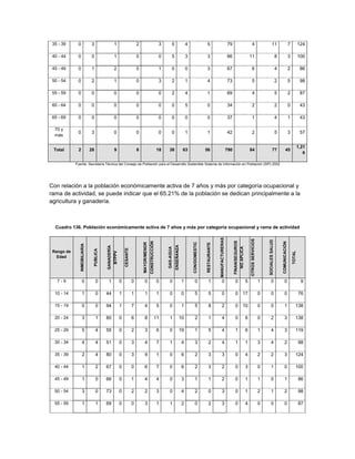 35 - 39                 0                  3                          1                                2                                    3                  5                        4                    5                              79                          4                              11                          7           124

 40 - 44                 0                  0                          1                                0                                    0                  5                        3                    3                              66                       11                                       8                    3           100

 45 - 49                 0                  1                          2                                0                                    1                  0                        0                    3                              67                          6                                     4                    2            86

 50 - 54                 0                  2                          1                                0                                    3                  2                        1                    4                              73                          5                                     2                    5            98

 55 - 59                 0                  0                          0                                0                                    0                  2                        4                    1                              69                          4                                     5                    2            87

 60 - 64                 0                  0                          0                                0                                    0                  0                        5                    0                              34                          2                                     2                    0            43

 65 - 69                 0                  0                          0                                0                                    0                  0                        0                    0                              37                          1                                     4                    1            43

  70 y
                         0                  3                          0                                0                                    0                  0                        1                    1                              42                          2                                     5                    3            57
  más

                                                                                                                                                                                                                                                                                                                                                1,21
 Total                   2                  28                         9                                6                                18                38                    63                           56                      790                             84                                 77                45
                                                                                                                                                                                                                                                                                                                                                   6

                        Fuente: Secretaría Técnica del Consejo de Población para el Desarrollo Sostenible Sistema de Información en Población (SIP) 2002




Con relación a la población económicamente activa de 7 años y más por categoría ocupacional y
rama de actividad, se puede indicar que el 65.21% de la población se dedican principalmente a la
agricultura y ganadería.



  Cuadro 136. Población económicamente activa de 7 años y más por categoría ocupacional y rama de actividad
                                                                                                                                                                                                                            MANUFACTURERAS




                                                                                                                                                                                                                                                                      OTROS SERVICIOS



                                                                                                                                                                                                                                                                                                    SOCIALES SALUD
                           ADMINISTRACIÓN




                                                                                                                                                                                                                                                  FINAN/SEGUROS
                                                                                                                          CONSTRUCCIÓN




                                                                                                                                                                                                                                                                                                                     COMUNICACIÓN
                                                                                                                                         ELECTRICIDAD-




                                                                                                                                                                                               CON/DOMESTIC
                                                                                                                                                                                HOGARESPRIV-
                                                                                                            MAYOR/MENOR




                                                                                                                                                                                                              RESTAURANTE
                                             AGRICULTURA
                            INMOBILIARIA




                                                                                                                                                                                                                                                                                                     TRANSPORTE
                                                                                                                                                                                                                              INTERMEDIA-
                                                                                                                                                                    ENSEÑANZA
                                                           GANADERÍA




                                                                                             COMERCIO




                                                                                                                                                                                                                                                     NO APLICA
                                                                                                                                                         GAS-AGUA
            ACTIVIDAD




                                                                                                                                                                                                               INDUSTRIA




                                                                                                                                                                                                                                                                                        SERVICIOS
                                                                                                                                                                                                 HOTELES-
                                                                                   CESANTE
                                               PUBLICA




 Rango de
                                                                       BTPPV




                                                                                                                                                                                                                                                                                                                                        TOTAL
   Edad




   7-9                       0                   0           1                 0             0                 0                         0                 0                    1                0              1              0                   0              5                     1             0                 0                        9

  10 - 14                    1                   0         44                  1             1                 1                         1                 0                    0                5              5              0                   0         17                         0             0                 0                       76

  15 - 19                    0                   0         94                  1             7                 4                         5                 0                    1                5              8              2                   0         10                         0             0                 1                   138

  20 - 24                    3                   1         80                  0             6                 8                    11                     1               10                    2              1              4                   0              6                     0             2                 3                   138

  25 - 29                    5                   4         55                  0             2                 3                         6                 0               19                    1              5              4                   1              6                     1             4                 3                   119

  30 - 34                    4                   4         51                  0             3                 4                         7                 1                    4                3              2              4                   1              1                     3             4                 2                       98

  35 - 39                    2                   4         80                  0             3                 9                         1                 0                    6                2              3              3                   0              4                     2             2                 3                   124

  40 - 44                    1                   2         67                  0             0                 6                         7                 0                    6                2              3              2                   0              3                     0             1                 0                   100

  45 - 49                    1                   0         66                  0             1                 4                         4                 0                    3                1              1              2                   0              1                     1             0                 1                       86

  50 - 54                    3                   0         73                  0             2                 2                         3                 0                    4                2              0              3                   0              1                     2             1                 2                       98

  55 - 59                    1                   1         69                  0             0                 3                         1                 1                    2                0              2              3                   0              4                     0             0                 0                       87
 