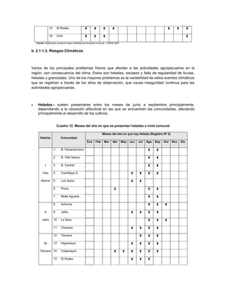 15       El Rodeo              ▓         ▓      ▓        ▓                                       ▓     ▓         ▓



                  16       Chiri                 ▓         ▓      ▓                                                                ▓


    Fuente: Elaboración propia en base a Boletas de Encuesta Comunal – CAPRI 2007


b. 2.1.1.3. Riesgos Climáticos



Varios de los principales problemas físicos que afectan a las actividades agropecuarios en la
región, son consecuencia del clima. Estos son heladas, escasez y falta de regularidad de lluvias,
heladas y granizadas. Uno de los mayores problemas es la variabilidad de estos eventos climáticos
que se registran a través de los años de observación, que causa inseguridad continua para las
actividades agropecuarias.



    Heladas.- suelen presentarse entre los meses de junio a septiembre principalmente,
     dependiendo a la ubicación altitudinal en las que se encuentren las comunidades, afectando
     principalmente al desarrollo de los cultivos.


                           Cuadro 12. Meses del año en que se presentan heladas a nivel comunal

                                                                 Meses del año en que hay Helada (Registro Nº 5)
       Distrito               Comunidad
                                                     Ene   Feb    Mar     Abr       May Jun   Jul   Ago Sep   Oct      Nov   Dic

                       1      B. Panamericano                                                        ▓   ▓



                       2      B. Villa Nueva                                                         ▓   ▓



            I          3      B. Central                                                             ▓   ▓



         Villa         4      Camblaya G.                                                ▓     ▓     ▓   ▓



        Abecia         5      Los Sotos                                                  ▓     ▓



                       6      Pioca                                            ▓                     ▓   ▓



                       7      Molle Aguada                                                           ▓   ▓



                       8      Achuma                                                                 ▓   ▓     ▓



           II          9      Jailía                                                     ▓     ▓     ▓   ▓



         Jailía        10     La Abra                                                                ▓   ▓     ▓



                       11     Charpaxi                                                   ▓     ▓     ▓   ▓



                       12     Tárcana                                                          ▓     ▓   ▓



           III         13     Higuerayoc                                                 ▓     ▓     ▓   ▓



       Tárcana 14             Colpanayoc                                       ▓     ▓   ▓     ▓     ▓   ▓



                       15     El Rodeo                                                   ▓     ▓     ▓
 