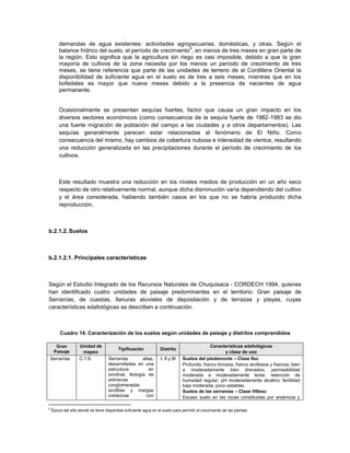 demandas de agua existentes: actividades agropecuarias, domésticas, y otras. Según el
                                                             4
        balance hídrico del suelo, el período de crecimiento , en menos de tres meses en gran parte de
        la región. Esto significa que la agricultura sin riego es casi imposible, debido a que la gran
        mayoría de cultivos de la zona necesita por los menos un período de crecimiento de tres
        meses, se tiene referencia que parte de las unidades de terreno de al Cordillera Oriental la
        disponibilidad de suficiente agua en el suelo es de tres a seis meses, mientras que en los
        bofedales es mayor que nueve meses debido a la presencia de nacientes de agua
        permanente.


        Ocasionalmente se presentan sequías fuertes, factor que causa un gran impacto en los
        diversos sectores económicos (como consecuencia de la sequía fuerte de 1982-1983 se dio
        una fuerte migración de población del campo a las ciudades y a otros departamentos). Las
        sequías generalmente parecen estar relacionadas al fenómeno de El Niño. Como
        consecuencia del mismo, hay cambios de cobertura nubosa e intensidad de vientos, resultando
        una reducción generalizada en las precipitaciones durante el período de crecimiento de los
        cultivos.



        Este resultado muestra una reducción en los niveles medios de producción en un año seco
        respecto de otro relativamente normal, aunque dicha disminución varía dependiendo del cultivo
        y el área considerada, habiendo también casos en los que no se habría producido dicha
        reproducción.



b.2.1.2. Suelos



b.2.1.2.1. Principales características



Según el Estudio Integrado de los Recursos Naturales de Chuquisaca - CORDECH 1994, quienes
han identificado cuatro unidades de paisaje predominantes en el territorio: Gran paisaje de
Serranías, de cuestas, llanuras aluviales de depositación y de terrazas y playas, cuyas
características edafológicas se describen a continuación.



        Cuadro 14. Caracterización de los suelos según unidades de paisaje y distritos comprendidos

      Gran          Unidad de                                                                Características edafológicas
                                          Tipificación           Distrito
     Paisaje          mapeo                                                                          y clase de uso
Serranías           C.1.9.          Serranías          altas,     I, II y III   Suelos del piedemonte – Clase IIsc
                                    desarrolladas en una                        Profundo, franco limosos, franco arcillosos y francos; bien
                                    estructura            en                    a moderadamente bien drenados; permeabilidad
                                    sinclinal, litología de                     moderada a moderadamente lenta; retención de
                                    areniscas                                   humedad regular; pH moderadamente alcalino; fertilidad
                                    conglomeradas                               baja moderada; poco estables.
                                    arcillitas y margas                         Suelos de las serranías – Clase VIIIesc
                                    cretácicas           con                    Escaso suelo en las rocas constituidas por arsénicos y

4
    Época del año donde se tiene disponible suficiente agua en el suelo para permitir el crecimiento de las plantas.
 