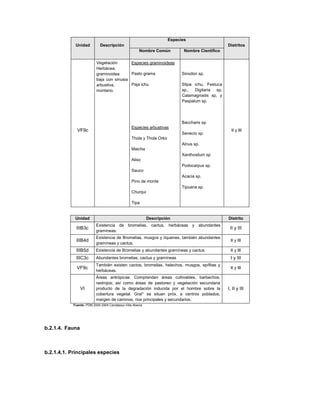Especies
            Unidad          Descripción                                                          Distritos
                                                     Nombre Común           Nombre Científico

                         Vegetación       Especies graminoideas
                         Herbácea,
                         graminoidea      Pasto grama                      Sinodon sp.
                         baja con sinusia
                         arbustiva,       Paja ichu                        Stipa ichu, Festuca
                         montano.                                          sp., Digitaria sp,
                                                                           Calamagrostis sp, y
                                                                           Paspalum sp.




                                                                           Baccharis sp.
                                                Especies arbustivas
             VF9c                                                                                  II y III
                                                                           Senecio sp.
                                                Thola y Thola Orko
                                                                           Alnus sp.
                                                Maicha
                                                                           Xanthoxilum sp
                                                Aliso
                                                                           Podocarpus sp.
                                                Sauco
                                                                           Acacia sp.
                                                Pino de monte
                                                                           Tipuana sp.
                                                Churqui

                                                Tipa
aaaaa




            Unidad                                        Descripción                            Distrito
                         Existencia de bromelias, cactus, herbáceas y abundantes
             IIIB3c                                                                               II y III
                         gramíneas.
                         Existencia de Bromelias, musgos y líquenes, también abundantes
             IIIB4d                                                                               II y III
                         gramíneas y cactus.
             IIIB5d      Existencia de Bromelias y abundantes gramíneas y cactus.                 II y III
             IIIC3c      Abundantes bromelias, cactus y gramíneas                                 I y III
                         También existen cactos, bromelias, helechos, musgos, epífitas y
             VF9c                                                                                 II y III
                         herbáceas.
                         Áreas antrópicas: Comprenden áreas cultivables, barbechos,
                         rastrojos; así como áreas de pastoreo y vegetación secundaria
                 VI      producto de la degradación inducida por el hombre sobre la              I, II y III
                         cobertura vegetal. Gral° se situan próx. a centros poblados,
                         margen de caminos, ríos principales y secundarios.
           Fuente: PDM 2000-2004 Camataqui-Villa Abecia




b.2.1.4. Fauna



b.2.1.4.1. Principales especies
 