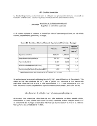 c.2.3. Densidad demográfica

La densidad de población, es el cociente entre la población total y la superficie territorial considerada en
kilómetros cuadrados (km2). En síntesis expresa el número de personas por kilómetro cuadrado.


                                                      Población de un determinado territorio
                                 Densidad =
                                                       Superficie en kilómetros cuadrados



En el cuadro siguiente se presenta la información sobre la densidad poblacional, en los niveles
nacional, departamental, provincial y Municipal.



           Cuadro 30. Densidad poblacional Nacional, Departamental, Provincial y Municipal

                                                                                                                        Densidad
                                                                                                     Superficie
                                                                                                                       poblacional
                                Ámbito                                       Población
                                                                                                           km2
                                                                                                                        Hab/ km2

        República de Bolivia                                                      8,280,184               1,098,501           7.54

        Departamento de Chuquisaca                                                   531,522                51,524           10.32

        Provincia Sud Cinti                                                            24,321                3,879            6.27

        Municipio de Villa Abecia (INE 2001)                                            3,195                    713          4.48

        Municipio de Villa Abecia (Diagnóstico 2007)                                    2,933                    713          4.11

          Fuente: Elaboración propia en base a información del INE, IGM y Diagnóstico 2007 – CAPRI 2007




Se evidencia que la densidad poblacional en el año 2001 para el Municipio de Camataquí - Villa
                                        2,
Abecia era de 4.48 habitantes por km y para la gestión 2207 disminuye a 4.11, siendo este
coeficiente a nivel nacional de 7.54, a nivel departamental 10.32, a nivel Provincial de 6.27.; los
datos del ámbito nacional, departamental y provincial tiene como fuente el Censo 2001 del INE.



                    c.2.4. Estructura de población rural y urbana concentrada y dispersa


De acuerdo a los criterios de clasificación del INE, para determinar un centro poblado urbano,
mínimamente un centro poblado debe contar con 2.000 habitantes; en este contexto, la estructura
de poblamiento del municipio se considera más rural y/o disperso con un 85.44% de la población
total y un área concentrada con el 14.56%.
 