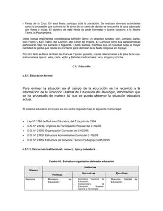    Fiesta de la Cruz: En esta fiesta participa toda la población. Se realizan diversas actividades
    como la procesión que culmina en la cima de un cerro de donde se encuentra la cruz adornada
    con flores y frutas. El objetivo de esta fiesta es pedir bienestar y buena cosecha a la Madre
    Tierra, la Pachamama,

Otras fiestas importantes consideradas también como un atractivo turístico son: Semana Santa,
San Pedro y San Pablo; del Carmen, del Señor de Impora. El Carnaval tiene sus características
particulares bajo los parrales e higueras. Todos Santos, mientras que en Navidad llega la mayor
cantidad de gente que reside en el interior para disfrutar de la fiesta religiosa en el pago.

Por otro lado se tiene también las Danzas Típicas: jaylalito, coplas relacionadas a la pisa de la uva.
Instrumentos típicos: erke, caña, violín y Bebidas tradicionales: vino, singani y chicha.


                                           C.5. Educación


c.5.1. Educación formal



Para evaluar la situación en el campo de la educación se ha recurrido a la
información de la Dirección Distrital de Educación del Municipio, información que
se ha procesado de manera tal que se pueda observar la situación educativa
actual.

El sistema educativo en el país se encuentra regulado bajo el siguiente marco legal:



     Ley Nº 1565 de Reforma Educativa, del 7 de julio de 1994
     D.S. Nº 23949, Órganos de Participación Popular del 01/02/95
     D.S. Nº 23950 Organización Curricular del 01/02/95
     D.S. Nº 23951 Estructura Administrativa Curricular 01/02/95
     D.S. Nº 23952 Estructura de Servicios Técnico Pedagógicos 01/02/95


c.5.1.1. Estructura institucional: número, tipo y cobertura



                        Cuadro 40. Estructura organizativa del sector educación

                                                     Instancias
       Niveles
                                                    Normativas                    Ejecutivas
                          Políticas
    Nacional       -   Ministerio       de -    Secretaria Nacional de -     Dirección Distrital   de
                       Educación                Educación.                   Educación.
                                            -   Subsecretaria          de
                                                Educación        Superior,
                                                Ciencia y Tecnología.
 