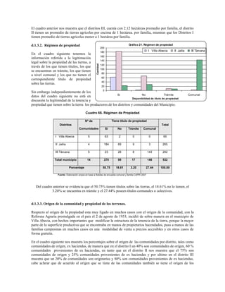 El cuadro anterior nos muestra que el distritos III, cuenta con 2.12 hectáreas promedio por familia, el distrito
II tienen un promedio de tierras agrícolas por encima de 1 hectárea. por familia, mientras que los Distritos I
tienen promedio de tierras agrícolas menor a 1 hectárea por familia.

d.1.3.2. Régimen de propiedad                                                             Gráfico 21. Régimen de propiedad
                                                                   200
                                                                   180                                     I Villa Abecia    II Jailía    III Tárcana
En el cuadro siguiente tenemos la
                                                                   160
información referida a la legitimación
                                                                   140
legal sobre la propiedad de las tierras, a




                                                        Cantidad
                                                                   120
través de los que tienen títulos, los que
                                                                   100
se encuentran en trámite, los que tienen
                                                                   80
a nivel comunal y los que no tienen el
                                                                   60
correspondiente titulo de propiedad
                                                                   40
sobre las tierras.
                                                                   20
                                                 0
Sin embargo independientemente de los
                                                           Si                 No                 Trámite                                 Comunal
datos del cuadro siguiente no está en
                                                                       Disponibilidad de título de propiedad
discusión la legitimidad de la tenencia y
propiedad que tienen sobre la tierra los productores de los distritos y comunidades del Municipio.

                                             Cuadro 66. Régimen de Propiedad

                                             Nº de                            Tiene título de propiedad
                    Distritos                                                                                       Total
                                       Comunidades                       Si       No     Trámite     Comunal

                 I Villa Abecia                 5                        63        2         0             0          65

                 II Jailía                      4                    184          69         9             3         265

                 III Tárcana                    5                        23       28         8             143       202

                 Total municipio               14                    270          99        17             146       532

                             Porcentaje                             50.75        18.61     3.20        27.44       100.00

                   Fuente: Elaboración propia en base a Boletas de encuesta comunal y familia CAPRI 2007




   Del cuadro anterior se evidencia que el 50.75% tienen títulos sobre las tierras, el 18.61% no lo tienen, el
             3.20% se encuentra en trámite y el 27.44% poseen títulos comunales o colectivos.


d.1.3.3. Origen de la comunidad y propiedad de los terrenos.

Respecto al origen de la propiedad esta muy ligado en muchos casos con el origen de la comunidad, con la
Reforma Agraria promulgada en el país el 2 de agosto de 1953, incidió de sobre manera en el municipio de
Villa Abecia, con hechos importantes que modificar la estructura de la tenencia de la tierra, porque la mayor
parte de la superficie productiva que se encontraba en manos de propietarios hacendados, paso a manos de las
familias campesinas en muchos casos en una modalidad de venta a precios accesibles y en otros casos de
forma gratuita.

En el cuadro siguiente nos muestra los porcentajes sobre el origen de las comunidades por distrito, tales como
comunidades de origen, ex haciendas, de manera que en el distrito I un 40% son comunidades de origen, 60 %
comunidades provenientes de ex haciendas, en tanto que en el distrito II nos muestra que el 75% son
comunidades de origen y 25% comunidades provenientes de ex haciendas y por ultimo en el distrito III
muestra que un 20% de comunidades son originarias y 80% son comunidades provenientes de ex haciendas,
cabe aclarar que de acuerdo al origen que se tiene de las comunidades también se tiene el origen de los
 