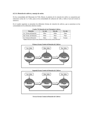 d.2.1.4. Rotación de cultivos y manejo de suelos.

En las comunidades del Municipio de Villa Abecia, la práctica de la rotación de cultivo se caracteriza por
rotaciones cortas de 2 a 3 años, pues en las comunidades de cabecera de valle y valles el uso de la tierra es
intensivo.

En el cuadro siguiente se presentan las diferentes formas de rotación de cultivos, que se practican en las
comunidades de los diferentes distritos rurales.

                                   Cuadro 78. Rotación de los Principales Cultivos
                            Rotación               1er año           2do año                               3er año
                1ra. Forma de Rotación                        Maíz                     Haba                 Papa
                2da. Forma de Rotación                        Haba                     Maíz                 Papa
                3ra. Forma de Rotación                        Maíz                     Haba                Tomate
                 Fuente: Elaboración propia en base a Boletas de encuesta comunal y familia CAPRI 2007




                                     Primera Forma Común de Rotación de Cultivos

                       1er Año                                2do Año                                    3er Año




                        Maíz                                     haba                                    Papa




                                     Segunda Forma Común de Rotación de Cultivos

                       1er Año                                2do Año                                    3er Año




                        Haba                                    Maíz                                     Papa




                                     Tercera Forma Común de Rotación de Cultivos
 