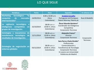 LO QUE SIGUE 
Temáticas 
Fecha 
Hora 
Expositor 
En alianza con 
Marketingtecnológico:“laconquistademercadosinternacionales” 
24/09/2014 
8.00 a 10.00 a.m. (Hora Colombiana) 
AnabelaCarvalho 
Portuguese and European Patent Attorney, Patents.pt. 
Ruta N Medellín 
Lavigilanciatecnológicaeinteligenciacompetitivaengruposdeinvestigación. 
22/10/2014 
08.00 a.m. a 10:00 m. (Hora Colombiana) 
Óscar Eduardo Quintero* 
Coordinador de Inteligencia Competitiva 
Corporación Tecnnova 
Corporación Tecnnova 
Estrategiasymecanismosdetransferenciatecnológicaderesultadosdeinvestigación. 
12/11/2014 
08.00 a.m. a 10:00 m. (Hora Colombiana) 
Alejandro Franco* 
Director 
Corporación Tecnnova 
Estrategiasdenegociaciónenentornosglobales 
03/12/2014 
08.00 a.m. a 10:00 m. (Hora Colombiana) 
Sara Parra y Paola Giraldo* 
Profesionales Comercialización y Transferencia de Tecnología 
Corporación Tecnnova 
En asocio con Universidad Politécnica de Madrid  
