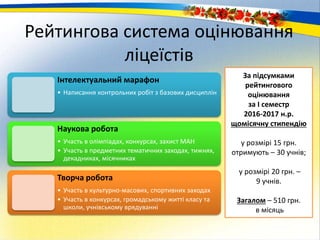 Рейтингова система оцінювання
ліцеїстів
За підсумками
рейтингового
оцінювання
за І семестр
2016-2017 н.р.
щомісячну стипендію
у розмірі 15 грн.
отримують – 30 учнів;
у розмірі 20 грн. –
9 учнів.
Загалом – 510 грн.
в місяць
Інтелектуальний марафон
• Написання контрольних робіт з базових дисциплін
Наукова робота
• Участь в олімпіадах, конкурсах, захист МАН
• Участь в предметних тематичних заходах, тижнях,
декадниках, місячниках
Творча робота
• Участь в культурно-масових, спортивних заходах
• Участь в конкурсах, громадському житті класу та
школи, учнівському врядуванні
 