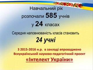Навчальний рік
розпочали 585 учнів
у 24 класах
Середня наповнюваність класів становить
24 учні
З 2015-2016 н.р. в закладі впроваджено
Всеукраїнський науково-педагогічний проект
«Інтелект України»
 