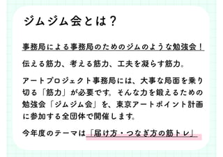 ジムジム会とは？
事務局による事務局のためのジムのような勉強会！
伝える筋力、考える筋力、工夫を凝らす筋力。
アートプロジェクト事務局には、大事な局面を乗り
切る「筋力」が必要です。そんな力を鍛えるための
勉強会「ジムジム会」を、東京アートポイント計画
に参加する全団体で開催します。
今年度のテーマは「届け方・つなぎ方の筋トレ」
 