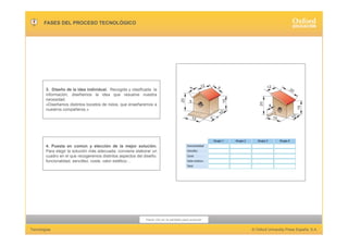 Hacer clic en la pantalla para avanzar
Tecnologías © Oxford University Press España, S.A.
FASES DEL PROCESO TECNOLÓGICO
3. Diseño de la idea individual. Recogida y clasificada la
información, diseñamos la idea que resuelve nuestra
necesidad.
«Diseñamos distintos bocetos de nidos, que enseñaremos a
nuestros compañeros.»
4. Puesta en común y elección de la mejor solución.
Para elegir la solución más adecuada, conviene elaborar un
cuadro en el que recogeremos distintos aspectos del diseño:
funcionalidad, sencillez, coste, valor estético…
 