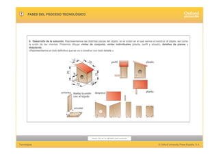 Hacer clic en la pantalla para avanzar
Tecnologías © Oxford University Press España, S.A.
FASES DEL PROCESO TECNOLÓGICO
5. Desarrollo de la solución. Representamos las distintas piezas del objeto, en el orden en el que vamos a construir el objeto, así como
la unión de las mismas. Podemos dibujar vistas de conjunto, vistas individuales (planta, perfil y alzado), detalles de piezas y
despieces.
«Representamos el nido definitivo que se va a construir con todo detalle.»
 