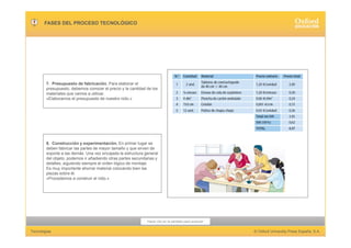 Hacer clic en la pantalla para avanzar
Tecnologías © Oxford University Press España, S.A.
FASES DEL PROCESO TECNOLÓGICO
7. Presupuesto de fabricación. Para elaborar el
presupuesto, debemos conocer el precio y la cantidad de los
materiales que vamos a utilizar.
«Elaboramos el presupuesto de nuestro nido.»
8. Construcción y experimentación. En primer lugar se
deben fabricar las partes de mayor tamaño y que sirven de
soporte a las demás. Una vez encajada la estructura general
del objeto, podemos ir añadiendo otras partes secundarias y
detalles, siguiendo siempre el orden lógico de montaje.
Es muy importante ahorrar material colocando bien las
piezas sobre él.
«Procedemos a construir el nido.»
 