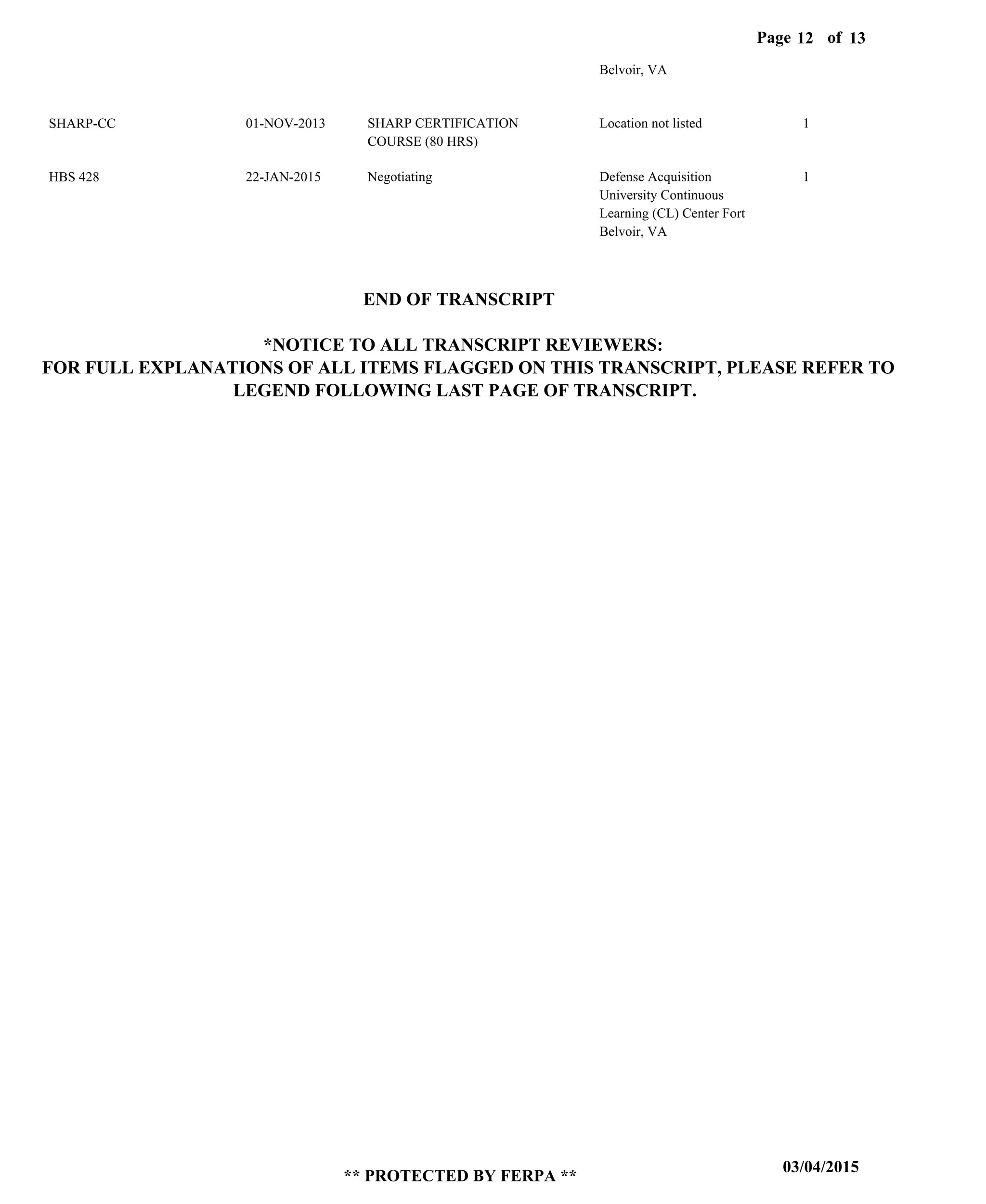 Page of12
03/04/2015
** PROTECTED BY FERPA **
13
SHARP-CC
HBS 428
SHARP CERTIFICATION
COURSE (80 HRS)
Negotiating
Belvoir, VA
Location not listed
Defense Acquisition
University Continuous
Learning (CL) Center Fort
Belvoir, VA
1
1
01-NOV-2013
22-JAN-2015
END OF TRANSCRIPT
*NOTICE TO ALL TRANSCRIPT REVIEWERS:
FOR FULL EXPLANATIONS OF ALL ITEMS FLAGGED ON THIS TRANSCRIPT, PLEASE REFER TO
LEGEND FOLLOWING LAST PAGE OF TRANSCRIPT.
 