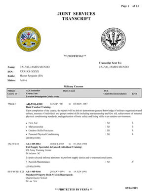 Page of1
03/04/2015
** PROTECTED BY FERPA **
13
CALVO, JAMES MUNDO
XXX-XX-XXXX
Master Sergeant (E8)
CALVO, JAMES MUNDO
Transcript Sent To:
Name:
SSN:
Rank:
JOINT SERVICES
TRANSCRIPT
**UNOFFICIAL**
Military Courses
ActiveStatus:
Military
Course ID
ACE Identifier
Course Title
Location-Description-Credit Areas
Dates Taken ACE
Credit Recommendation Level
Basic Combat Training:
Upon completion of the course, the recruit will be able to demonstrate general knowledge of military organization and
culture, mastery of individual and group combat skills including marksmanship and first aid, achievement of minimal
physical conditioning standards, and application of basic safety and living skills in an outdoor environment.
AR-2201-0399750-BT 04-SEP-1987 03-NOV-1987
First Aid
Marksmanship
Outdoor Skills Practicum
Personal Physical Conditioning
L
L
L
L
1 SH
1 SH
1 SH
1 SH
Unit Supply Specialist Advanced Individual Training:
Standard Property Book System Redesigned:
AR-1405-0061
AR-1405-0166
30-OCT-1987
20-MAY-1991
07-JAN-1988
14-JUN-1991
To train selected enlisted personnel to perform supply duties and to maintain small arms.
552-76Y10
8B-F46/551-F23
US Army Training Center
Quartermaster School
Ft Jackson SC
Ft Lee VA
Records Maintenance 1 SH V
(10/00)(10/00)
(10/90)(10/90)
to
to
to
 
