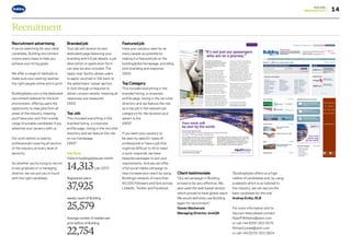 14
BUILDING
MEDIAPACK2017
Recruitment
Recruitment advertising
If you’re searching for your ideal
candidate, Building recruitment
covers every base to help you
achieve your hiring goals.
We offer a range of methods to
make sure your posting reaches
the right people online and in print.
Building4jobs.com is the dedicated
recruitment website for the built
environment, offering users the
opportunity to view jobs from all
areas of the industry, meaning
you’ll have your pick from a wide
range of suitable candidates if you
advertise your vacancy with us.
Our print edition is read by
professionals covering all sectors
of the industry at every level of
seniority.
So whether you’re trying to recruit
a new graduate or a managing
director, we can put you in touch
with the right candidate.
Branded job
Your job will receive its own
dedicated page featuring your
branding and full job details, a job
description or application form
can also be also included. The
‘apply now’ facility allows users
to apply via email or link back to
the advertisers’ career section.
A click through is required to
obtain contact details, meaning all
responses are measured.
£600
TopJob
This included everything in the
branded listing, a corporate
profile page, listing in the recruiter
directory and we feature the role
on our homepage.
£800*
Key facts
Visits to building4jobs per month:
14,313(Jan 2017)
Registered users:
37,925
weekly reach of Building
25,579
Average number of readers per
print edition of Building
22,754
Featured job
Have your vacancy seen by as
many people as possible by
making it a featured job on the
building4jobs homepage, providing
both branding and response.
£800
Top Category
This included everything in the
branded listing, a corporate
profile page, listing in the recruiter
directory and we feature the role
as a top job in the relevant job
category’s for the duration your
advert is live.
£800*
If you want your vacancy to
be seen by specific types of
professional or have a job that
might be difficult to fill or need
a quick response, we have
bespoke packages to suit your
requirements. And we can offer
a full social media campaign to
help increase your reach by using
Building’s network of more than
60,000 followers and fans across
LinkedIn, Twitter and Facebook.
“Building4jobs offers us a high
calibre of candidates and, by using
a website which is so tailored to
the industry, we can secure the
best candidate for the role”
Andrea Eniks, RLB
For more information and to
discuss rates please contact
RyanP.Williams@ubm.com
or call +44 (0)151 353 3575
Richard.jones@ubm.com
or call +44 (0) 151 353 3604
Client testimonials
“Our ad campaign in Building
proved to be very effective. We
also used the web based version
which proved to have global reach.
We would definitely use Building
again for recruitment.”
Gavan Mackenzie
Managing Director, sineQN
Go to contents page g
 