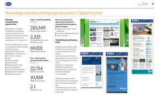 7
BUILDING
MEDIAPACK2017
Branding and advertising opportunities: Digital  print
Branding
and advertising
opportunities
Building offers unrivalled
multiplatform branding and
advertising opportunities to
highlight your brand and products
alongside editorial from the
leading authority in construction.
Building has digital opportunities
across desktop, mobile and tablet
channels including:
• e-Newsletter sponsorship
• Wallpapers / Site takeovers
• Community channels
• Video
• Offer downloads
• Mobile banners
• Tablet app sponsorship
• Interstitial page ads
• Social media amplification
• Targeted email campaigns
• Targeted paid search
Digital – aworld of possibilities
Key facts
210,349
Monthly unique browsers
2,325
Daily registered active users
(paid and non-paid)
69,821
Weekly unique browsers
Print – opportunities to
harness a powerful medium
Key facts
22,754
Weekly print audience
10,858
Weekly print circulation
2.1
Readers per copy
We have a range of print
opportunities available for
the weekly Building magazine
edition including:
• Display, cover wraps, inserts,
	 bellybands
• Custom and bespoke publishing
• Sector features.
The Building Good Employer
Guide
Building’s Good Employer Guide
celebrates the achievements of
the best employers across the
industry.
Selected by a panel of industry
experts based on survey results of
over 200 businesses, the results
will be
published in a stand-alone
supplement distributed to
Building’s entire circulation and
distributed at Building
Live in November.
The guide provides you with a
great opportunity to promote your
services to the businesses that
take
employment very seriously and
ensure they get the very best out
of their staff.
Go to contents page g
 