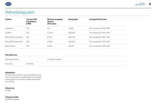 8
BUILDING
MEDIAPACK2017
Advertising rates
Position	 Cost per 000	 Monthly homepage	 Size (pixels)	 Accepted file formats
	 impressions	tenancy
	 (CPM)	 20% share
Leadership	 £50	 NA	 728x50	 GIF, animated GIF, JPEG, SWF
Top MPU	 £65	 £2,340	 300x250	 GIF, animated GIF, JPEG, SWF
Bottom MPU (normal size)	 £60	 £2,160	 300x250	 GIF, animated GIF, JPEG, SWF
Bottom MPU (jumbo size)	 £85	 £3,060	 300x600	 GIF, animated GIF, JPEG, SWF
Bottom banner	 £45	 £1,620	 728x90	 GIF, animated GIF, JPEG, SWF
Site take overs
Home page tenancy		 £3,450 per 2 weeks
Run of site	 £115-CPM
Newsletters
Recipients have chosen to receive newsletters and so
trust the information contained within them providing
a strong platform for exposure. Weekly sponsorship
from £2,000
Advertorial
£3,000
3rd party emails
£233/000 targeted
Go to contents page g
 