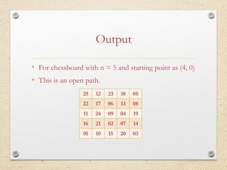 Output
• For chessboard with n = 5 and starting point as (4, 0)
• This is an open path.
25 12 23 18 05
22 17 06 13 08
11 24 09 04 19
16 21 02 07 14
01 10 15 20 03
 