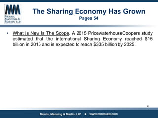 The Sharing Economy Has Grown
Pages 54
• What Is New Is The Scope. A 2015 PricewaterhouseCoopers study
estimated that the international Sharing Economy reached $15
billion in 2015 and is expected to reach $335 billion by 2025.
4
 