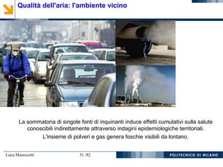 Luca Marescotti 31 /82
Qualità dell'aria: l'ambiente vicino
La sommatoria di singole fonti di inquinanti induce effetti cumulativi sulla salute
conoscibili indirettamente attraverso indagini epidemiologiche territoriali.
L'insieme di polveri e gas genera foschie visibili da lontano.
 
