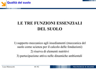 Luca Marescotti 44 /82
LE TRE FUNZIONI ESSENZIALI
DEL SUOLO
1) supporto meccanico agli insediamenti (meccanica del
suolo come scienza per il calcolo delle fondazioni)
2) riserva di elementi nutritivi
3) partecipazione attiva nelle dinamiche ambientali
Qualità del suolo
 