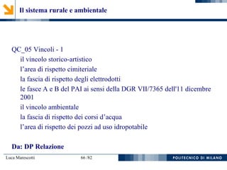 Luca Marescotti 66 /82
QC_05 Vincoli - 1
il vincolo storico-artistico
l’area di rispetto cimiteriale
la fascia di rispetto degli elettrodotti
le fasce A e B del PAI ai sensi della DGR VII/7365 dell'11 dicembre
2001
il vincolo ambientale
la fascia di rispetto dei corsi d’acqua
l’area di rispetto dei pozzi ad uso idropotabile
Da: DP Relazione
Il sistema rurale e ambientale
 