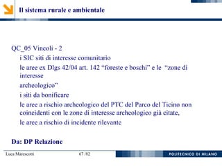 Luca Marescotti 67 /82
QC_05 Vincoli - 2
i SIC siti di interesse comunitario
le aree ex Dlgs 42/04 art. 142 “foreste e boschi” e le “zone di
interesse
archeologico”
i siti da bonificare
le aree a rischio archeologico del PTC del Parco del Ticino non
coincidenti con le zone di interesse archeologico già citate,
le aree a rischio di incidente rilevante
Da: DP Relazione
Il sistema rurale e ambientale
 