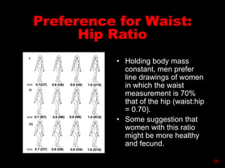 Preference for Waist:
Hip Ratio
• Holding body mass
constant, men prefer
line drawings of women
in which the waist
measurement is 70%
that of the hip (waist:hip
= 0.70).
• Some suggestion that
women with this ratio
might be more healthy
and fecund.
26
 
