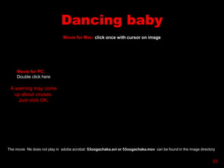 Dancing baby
53
Movie for Mac: click once with cursor on image
The movie file does not play in adobe acrobat: 53oogachaka.avi or 53oogachaka.mov can be found in the image directory
Movie for PC:
Double click here
A warning may come
up about viruses.
Just click OK.
 