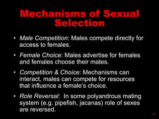 Mechanisms of Sexual
Selection
• Male Competition: Males compete directly for
access to females.
• Female Choice: Males advertise for females
and females choose their mates.
• Competition & Choice: Mechanisms can
interact, males can compete for resources
that influence a female’s choice.
• Role Reversal: In some polyandrous mating
system (e.g. pipefish, jacanas) role of sexes
are reversed.
6
 