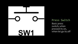 Press Switch
Basic press
switch, when
pressed its on,
when let go its off
 