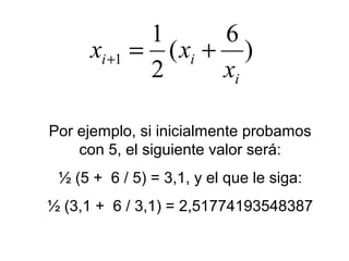 )
6
(
2
1
1
i
ii
x
xx +=+
Por ejemplo, si inicialmente probamos
con 5, el siguiente valor será:
½ (5 + 6 / 5) = 3,1, y el que le siga:
½ (3,1 + 6 / 3,1) = 2,51774193548387
 