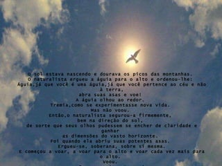 O sol estava nascendo e dourava os picos das montanhas.  O naturalista ergueu a águia para o alto e ordenou-lhe:  Águia,já que você é uma águia,já que você pertence ao céu e não à terra, abra suas asas e voe!  A águia olhou ao redor.  Tremia,como se experimentasse nova vida.  Mas não voou.  Então,o naturalista segurou-a firmemente,  bem na direção do sol,  de sorte que seus olhos pudessem se encher de claridade e ganhar  as dimensões do vasto horizonte.  Foi quando ela abriu suas potentes asas.  Ergueu-se, soberana, sobre si mesma. E começou a voar, a voar para o alto e voar cada vez mais para o alto.  Voou.  E nunca mais retornou! 